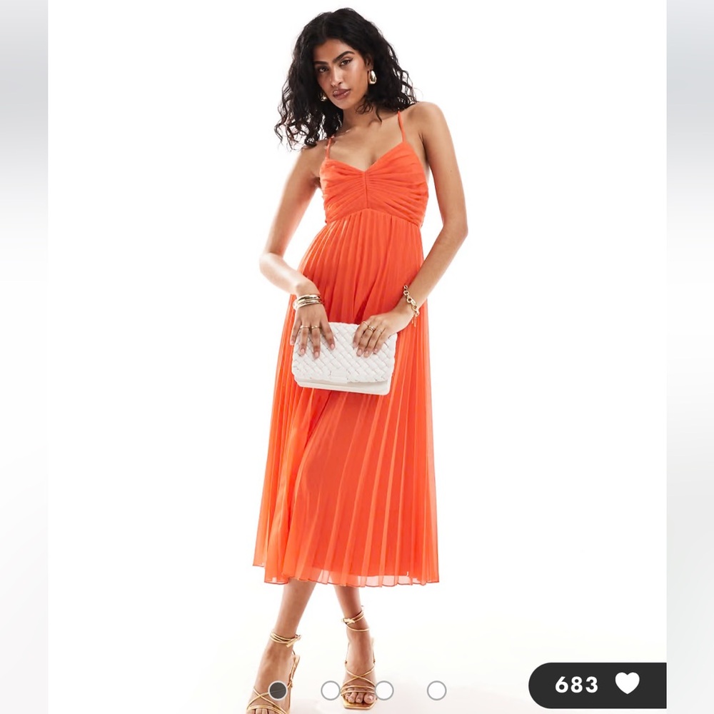 ASOS Orange Pleated Midi Dress with Spaghetti Straps